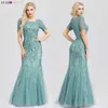 Formele Avondjurken Ever Pretty Mermaid O Hals Korte Mouw Kant Applicaties Tulle Lange Partij Jassen Robe Soiree Sexy SH190828