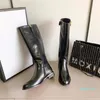 Designer Classic Woman Knee-High Boots Fashion Ladies Svart Äkta Läder Knight Stövlar För Kvinnor Flat Skor Med-Double-G med låda