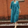 Johnature Women Ramie Belt Dresses V-Neck Seven Sleeve Robes High Waist Robes Spring Vintage Chinese Style Dresses 210521