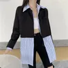 [EWQ] Giacca abbinata ai colori Vintage Casual Cappotto lungo da donna Blazer a righe Blazer Patchwork Nero Bianco Blazer da donna 210423