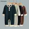 Baby Boy Jumpsuit Autumn Spring, Casual Splicing Color Henley Neck Long Sleeves Knitted Rompers with Buttons for Toddlers Y0825