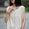 Johnature Women Sleeveless Cotton Linen Shirts And Tops Turn-down Collar Summer Button Female Clothes Soft Blouses 210521