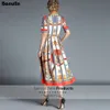 Banulin HOHE QUALITÄT Neueste Runway Designer Sommerkleid frauen Kurzarm Hemd Kragen Streifen Gedruckt Bogen Midi Kleid 210325
