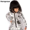 Primavera Autunno Bambini Bomber argento Stage Performance Wear paillette feminina casaco Cappotto da ballo Hip Hop 211011