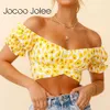 JOCOO JOLEE Seksi Çiçek Baskı Backless Kadınlar Mini Kırpma Üst Yaz Kapalı Omuz Puf Kollu Gömlek Slash Boyun Ince Seksi Bluz 210619