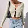 JOCoo Jolee Sexy z długim rękawem Open Front Button Unding Cardigan Korean Solid Sweter All-Mecz Dzianiny Crop Top Women Jumper 210518