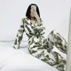 HiLoc Banana Leaf Robe Sets Long Sleeve Satin Pajamas Tropical Graphic 2 Piece Set Women Sleepwear Home Suit Sets Bathrobe 211112