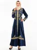 Robe en velours doré arabe brodée bleu foncé pour femmes, grande taille, à la mode, (hors foulard), 9159