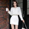 Sweet Sexy Suit 2 Piece Korea Ladies White Lace Långärmad Toppar och Sexig Mini Party Kjol för Kvinnor Mode Set 210602