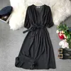 Mulheres verão vestido v-pescoço streetwear a linha império praia meados de bezerro longo chiffon vestidos com faixas vestidos para mulheres 210625