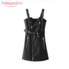 Aelegantmis Cool Slim Herbst PU Leder Kleid Frauen Schwarz Herbst Kurze Overalls Weibliche 210607