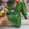 Fashion-Berrygo College Style Lantern Sleev Fruffled 여성 드레스 녹색 우아한 A 라인 탄성 허리 미니 여성 솔리드 Vestidos