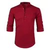 Mens Casual Cotton Linen Henley Shirt Brand Roll-up Sleeve Dress Male Slim Fit Long Camisa Masculina Beige 210721