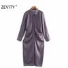 Zevity Jesień Kobiety Vintage Geometryczne Druk Side Plised Shirt Sukienka Damska Odzież Chic Długie Rękaw Biznes Vestido DS4543 210603