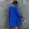 Automne couleur unie à manches longues lâche col en V robe courte pour les femmes A-ligne Vintage mini robe mignonne femmes élégantes robe vestidos 210514