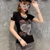 Summer Fashion Korean Clothes T-shirt Sexig ihålig Diamonds Letter Rose Women Tops Ropa Mujer Patchwork Mesh Tees 210317