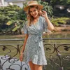 Summer Beach doux imprimé robe à col en V pour femmes à manches courtes en dentelle en mousseline de soie dames mini vintage A-Line vestido 210508