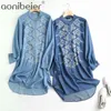 Geborduurde Denim Shirt Jurk Blauw Losse Lente Lange Mouw Zomer Werk Offeur Lady Vestidos Katoen 210604