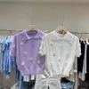 Koreansk mode lapel kortärmad lös t-shirt blomma broderi sticka tröja kvinnor sommar topp 210520