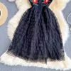 Сладкое вышивка кружева платье женщин французский с коротким рукавом o шеи a-line платья лето элегантная уличная одежда MIDI Sundress 210715