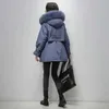 Fi Giacca invernale con cappuccio in pelliccia naturale di grandi dimensioni Donna 90% Piumino d'anatra bianco Parka spesso Cappotto con fascia calda Tie Up Cappotto da neve 211007