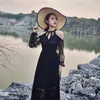 Gotische zwarte mesh kanten jurk halter lange mouw uitgehold elegante vintage lolita sex feestjurken 210608