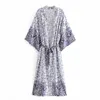 Doce Mulheres V Pescoço Vestido de Cintura Alto Primavera-Outono Moda Fashion Chinês Estilo Feminino Impresso Kimono 210515