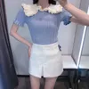 Blauer Kontrast stricken Rüschen Top Frauen Sommer Elegante schlanke geschnittene gerippte Jersey Blusen Frau Kurzarm Streetwear 210430