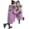 -30 stopnie dziewczyna odzież zima ciepła kurtka z kapturem bawełniane wyściełane długie ubrania dzieci zagęścić parka płaszcz faux futro 211203