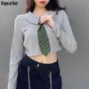 Preppy Style Krawat Dzianiny Bawełna Przycięte Sweter Kobiety Bodycon Turn Down Collar Z Długim Rękawem Szare Pullover Top Pull Femme 210510