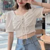 Korean Style Short Chiffon Blouse Summer Sleeve Women All-match Vintage Lace-up Women's Cloth 10032 210521