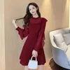 Dorywczo sukienki Coigarsam 4XL Plus Size Patchwork Kobiety Jednoczęściowy Sukienka Koreański Szyfon Czarny Bordeaux Red 967