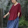 ジョニー教徒の女性コットンリネンTシャツパッチワークVネック半袖赤ヴィンテージ衣料品夏ルースTシャツ210521