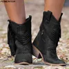 Puimentiua tofs västra cowboy stövlar för kvinnor läder cowgirl stövlar låga klackar skor vinter stövlar zapatos de mujer y0914