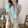 Coreano Chic Fresh Sweet Gentle Ruffles Doll Camicie Rosa Colletto Peter Pan Camicetta floreale Puff Manica corta Top Fashion Button Up 210429