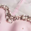 Rose belle robe de soirée femmes une ligne plissée avec perle noeud papillon manches patchwork maille sexy célébrité événement clubwear occasion 210527