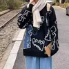 Wiosna i jesień dinozaur kreskówka wzór dzianiny sweter japoński kolor para luźne okrągłe szyi sweter mężczyzn ubrania 211221