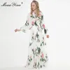 Modedesignerkleid Frühling Sommer Damenkleid Langarm Lilie Blumendruck Urlaub Maxikleider 210524