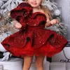 Bloem van de schouderbling pailletten High Low Gold Ball Jurk Little Girls Party lovertjes Pageant Jurken 403