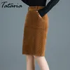 タタリア女性コーデュロイ秋のスカートハイウエストジッパーオフィススカート冬の女性膝丈ストレートプラスサイズ210514