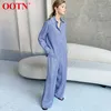 OOTN Blue Satin Home Suit Wear Spring Brown Lange Mouw 2 Stuk Top en Pant Sets Losse Casual Solid Ladies Broek Set 210721
