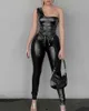 Dwie spodnie damskie PU Leather Ruched One Ramię Top Skinny Set