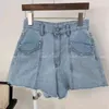 Summer High Waist Pockets Women Denim Shorts Buttons Fly Fringed Fashion Korean Solid Loose Female Femme 210513