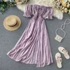 Chic Sexy Bandeau Lace Up Long Holiday Dress High Paist Hip Split Projekt linii Vestido Puff Krótki Rękaw Purpurowy Ropa 210422