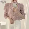 Spring Mesh Lace Blouse Kvinnor Koreanska Chic Puff Sleeve Sexig Micro-Through Shirt Fashion Stand Collar Floral Ladies Toppar 13457 210508