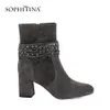 Sophitina Preto Genuine Couro Bota De Corrente De Metal Cadeia Quadrado Saltos Handmade Sapatos Quente Escritório Senhora Sólida Retro Mulher Botas B79 210513