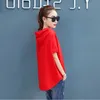 Tシャツの女性フード付き緩い夏のカジュアルな赤い白半袖の大きさの女性のファッション印刷Tシャツの綿210722