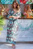 Boho Flower Print Flare Manches Side Split Robe Deep V Col Vacances Femmes Ajuster la taille Cordon de serrage Robes longues Robes 210429