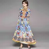 Fashion Designer Maxi Dress Spring Women's Long Sleeve Boho Colorful Flower Print Casual Pleated Holiday Long Dress Robe 210518