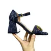 Роскошные высококачественные каблуки сандалии женщины дизайнерские моды джинсовые голубые коренастые каблуки обувь натуральная кожаная кожаный пылезащитный мешок с обувной коробкой Womens Sandal US4-US12